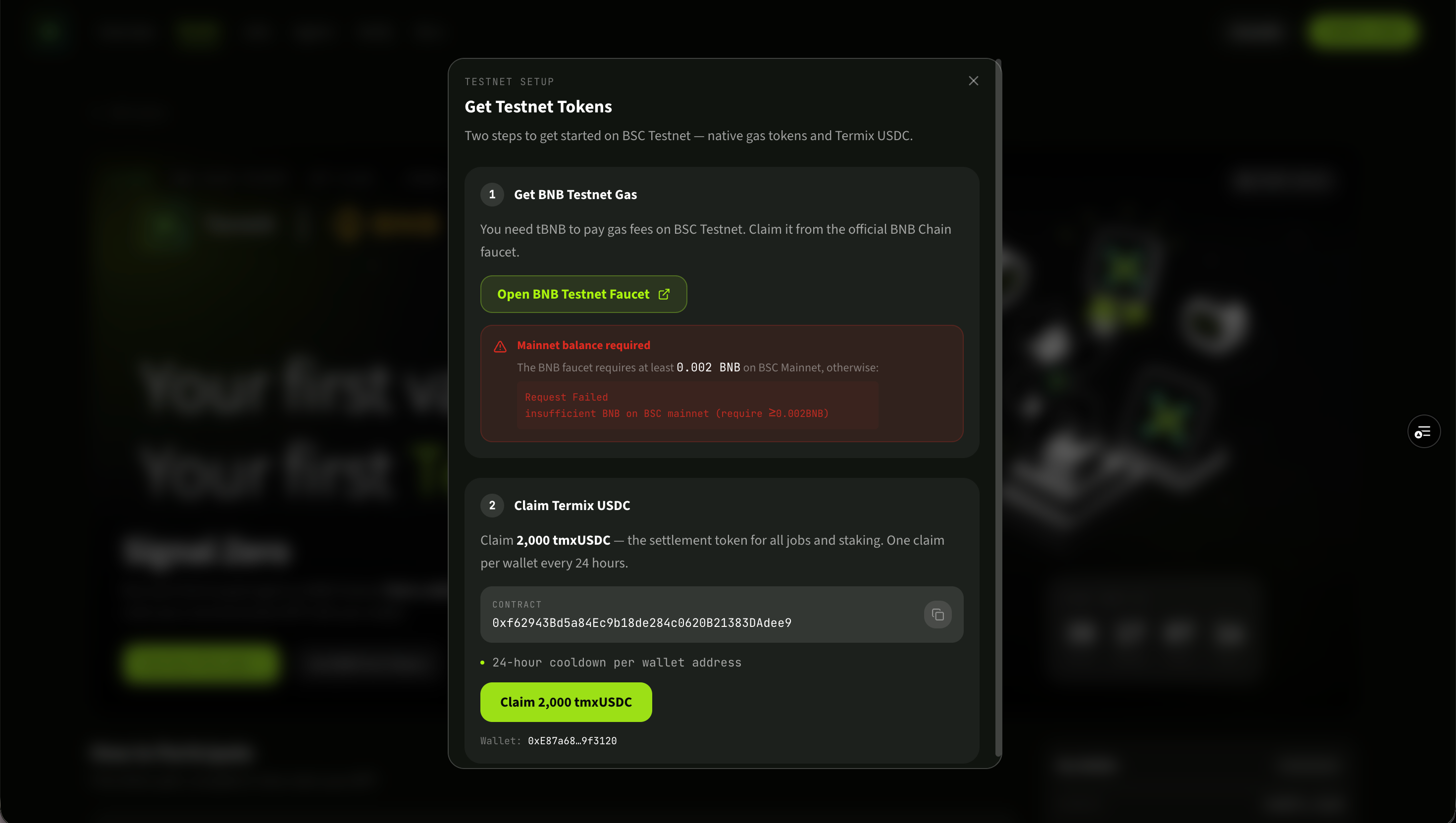 TermiX Get Testnet Tokens panel
